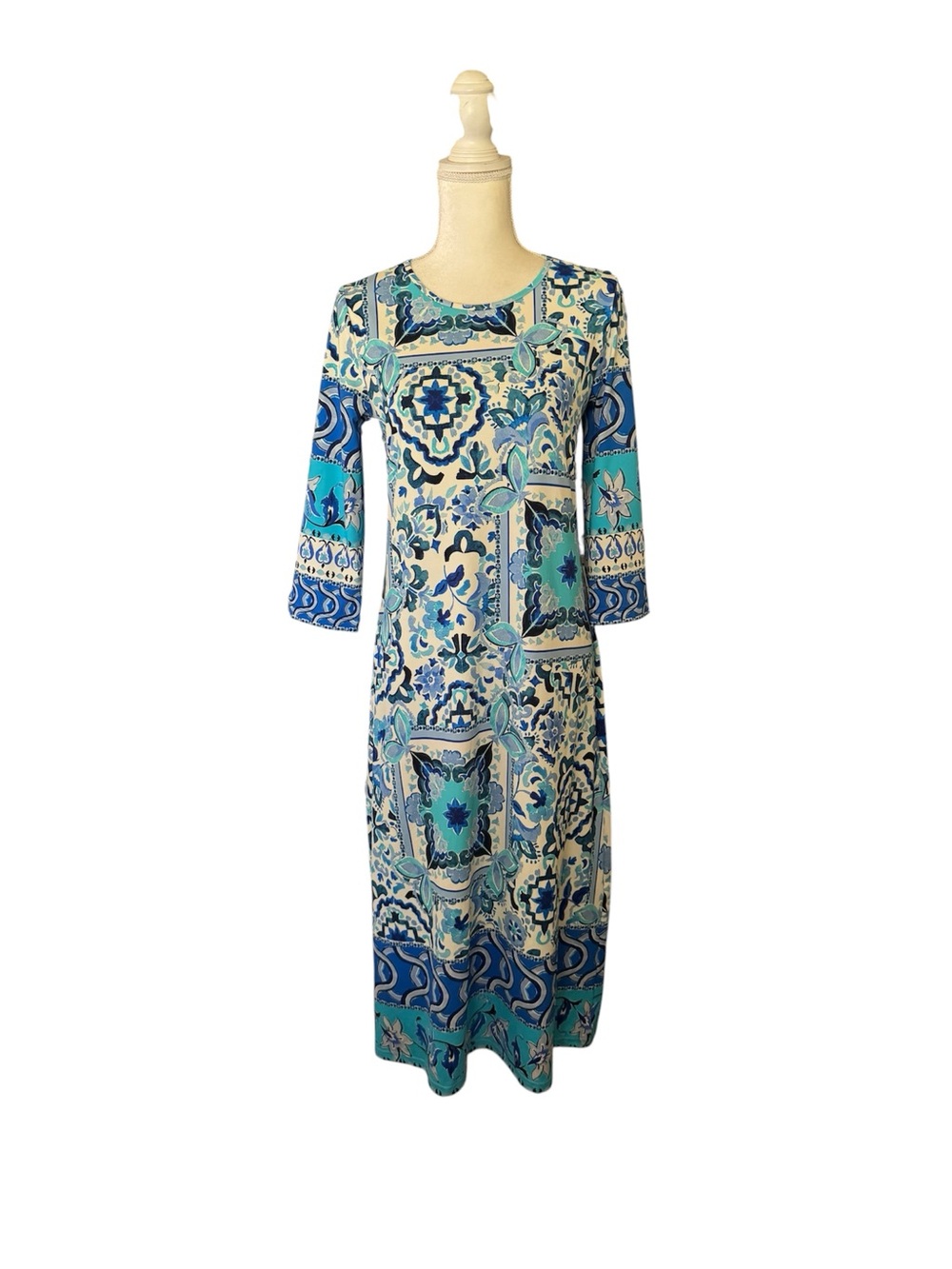Jean Pierre Blue and Teal Printed Long-Sleeve Midi Dress